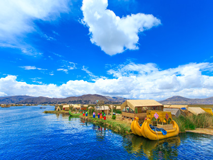 Totora boat on the Titicaca lake near Puno, Peru.