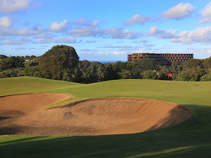 Golf course with large sand bunkers and wide fairways at RACV Cape Schanck Resort.