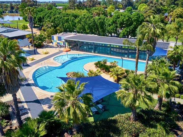 Aerial view of the pool area at Cobram Resort