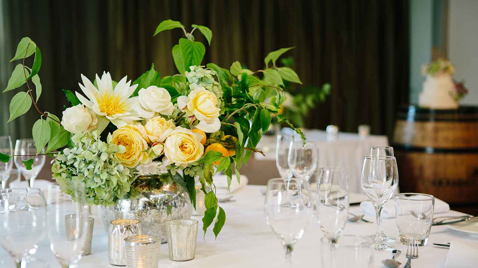 Glassware and table setting for wedding at RACV Goldfields resort.