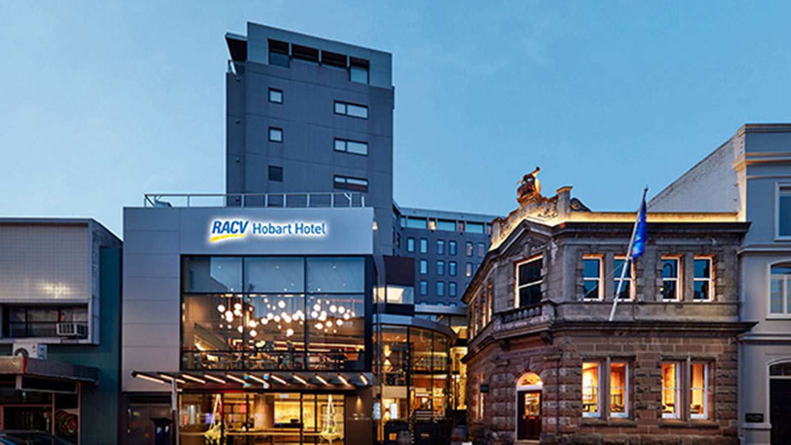 RACV Hobart Hotel at dusk.