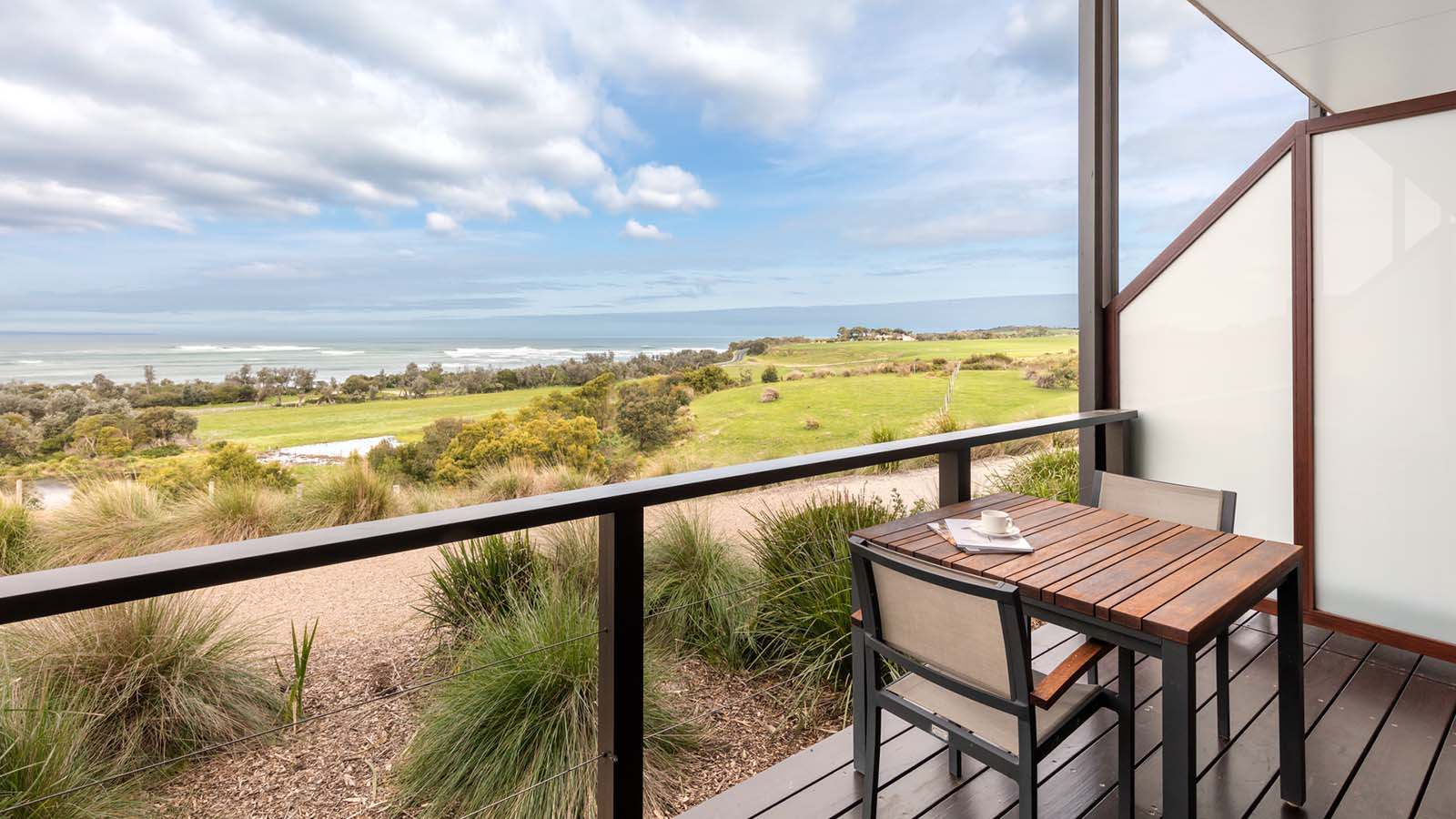 Balcony with ocean view in the Premium Ocean View Room at RACV Inverloch resort.