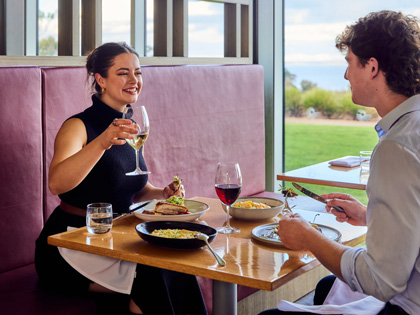 Couple eating a meal together at Radius restaurant