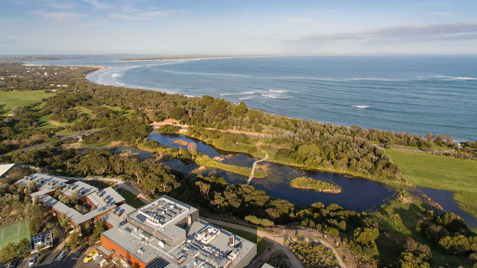 Birds eye view of the Inverloch resort and beach