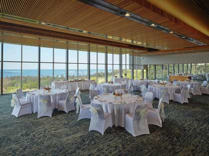 Panorama ballroom at RACV Torquay resort set up for wedding banquet.