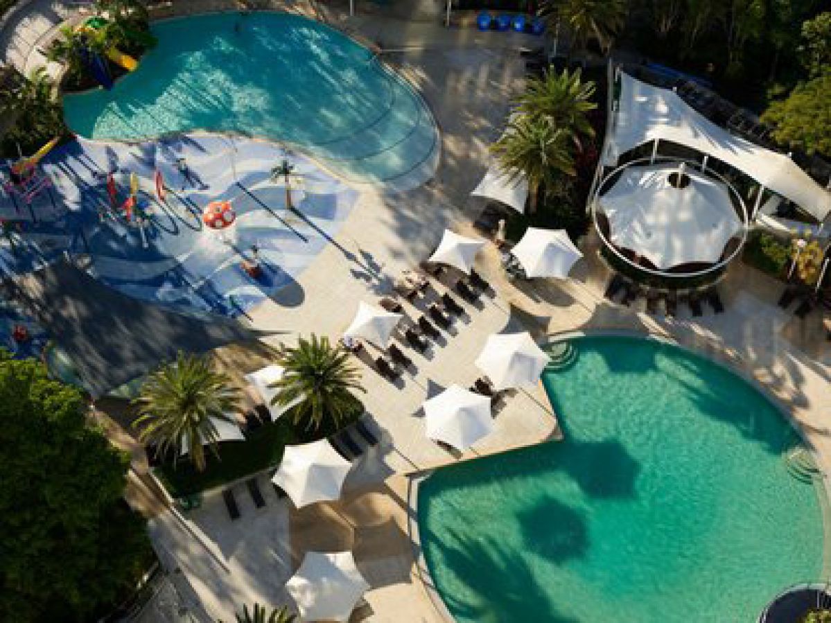 Aerial view of the swimming pools at RACV Noosa Resort