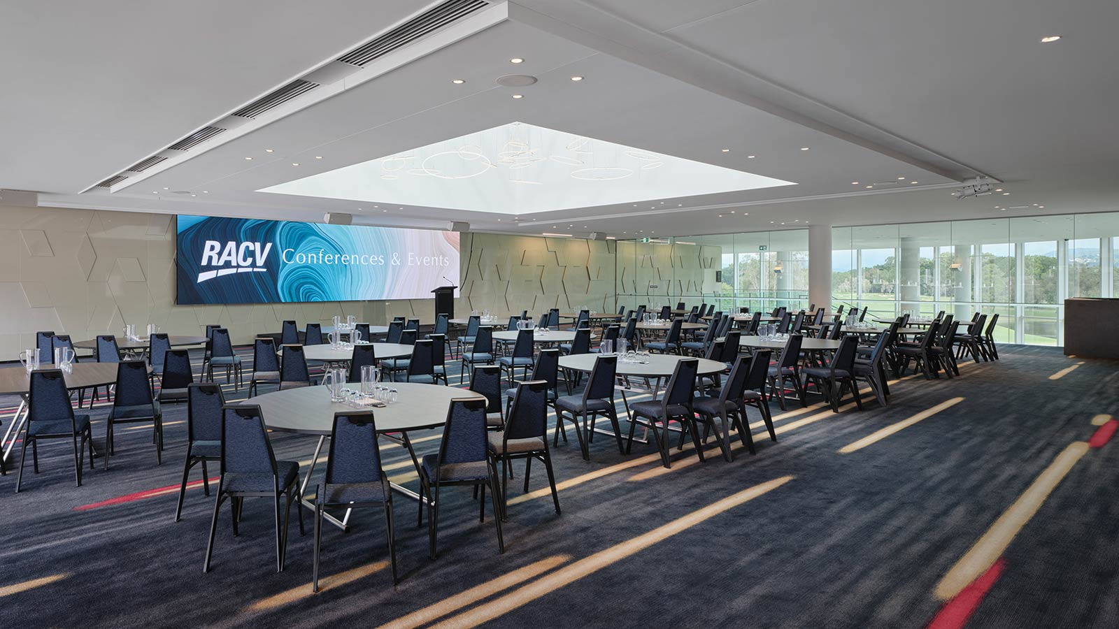 Royal Poinciana room at RACV Royal Pines Resort, set up cabaret style.