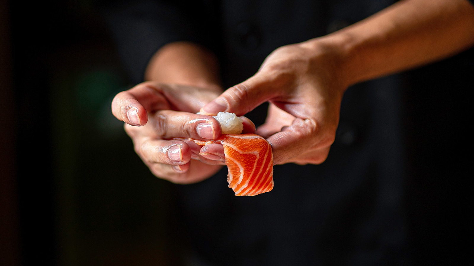 Closeup of chef hands preparing japanese food