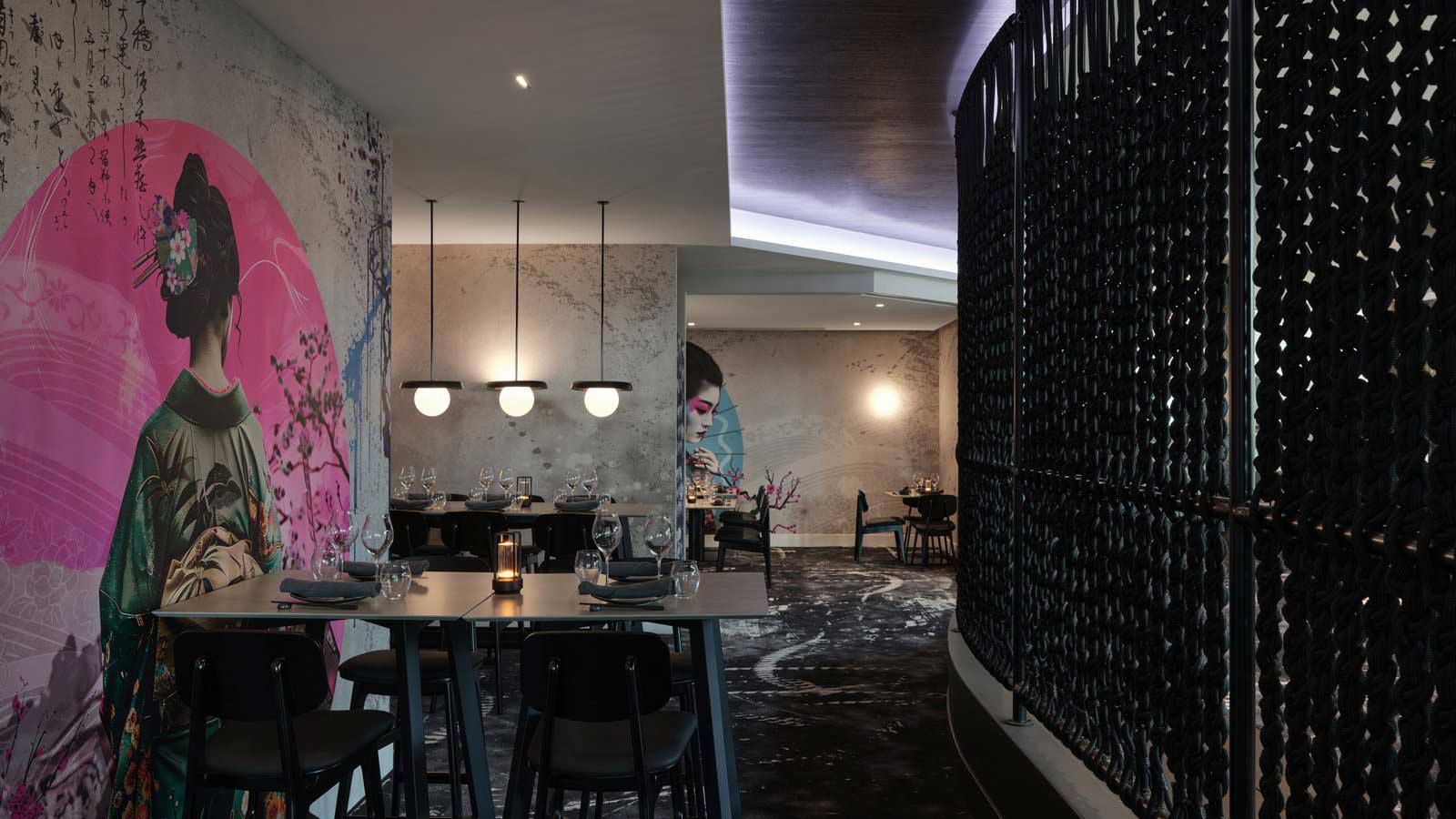 Painted murals on the walls at beautiful arakawa restaraunt.