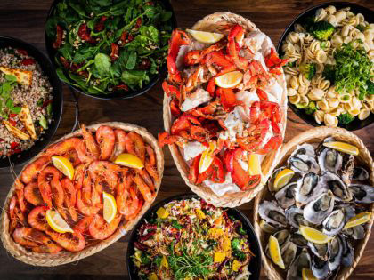 An array of seafood dishes presented for Christmas lunch.