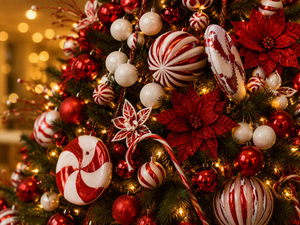 Christmas decorations with mostly red and white colours used