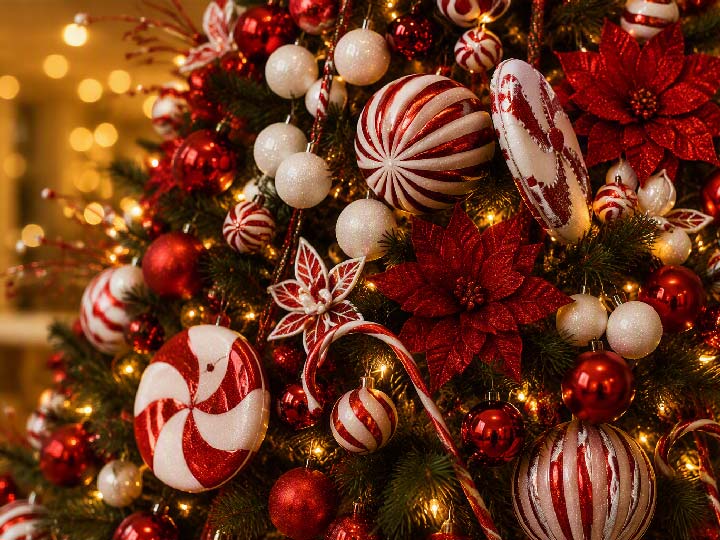 A heavily decorated christmas tree with reds whites and golds.