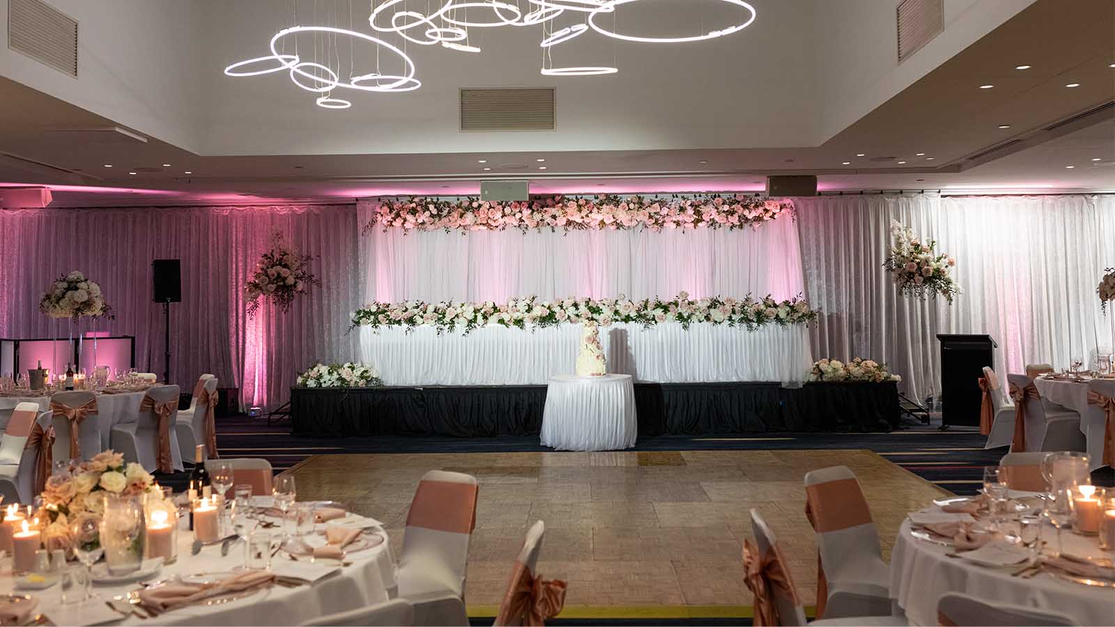 A wedding reception set up in the Poinciana Room at the Royal Pines Resort.