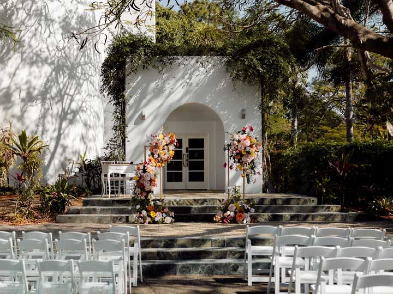 The small chapel at Royal Pines decorated with flower arrangements. 