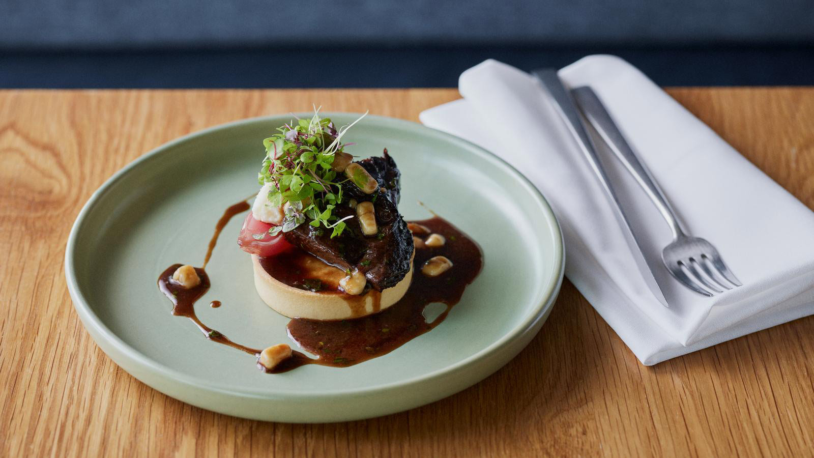 Beef cheek dish plated at RACV Torquay Number One restaurant.
