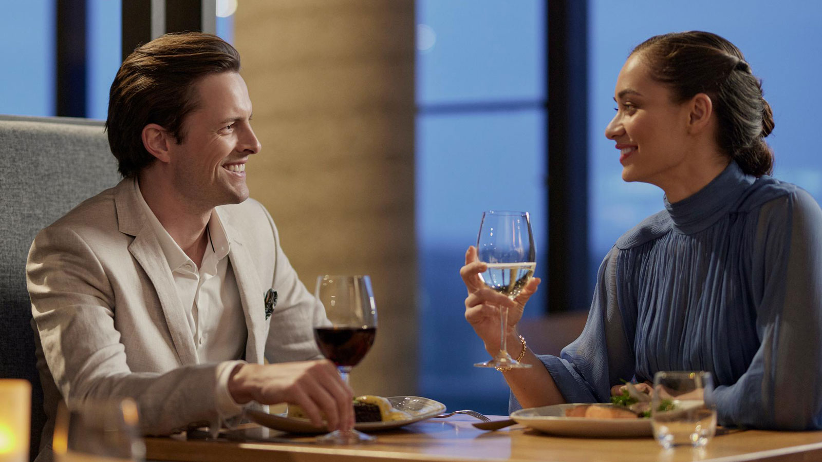 Couple having a romantic dinner at RACV Torquay Number One restaurant.