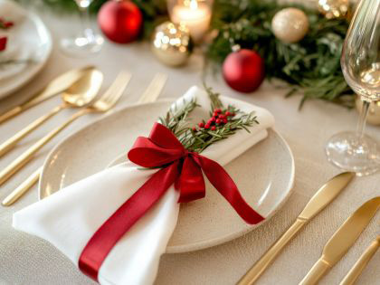 A table set decorated ready for christmas dinner.