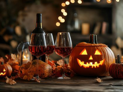 Red wine glasses and pumpkins decorating a table for halloween.