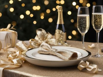 Champagne and dinner plates set ready for holiday season dinner.