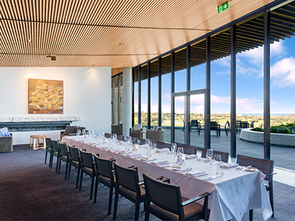 Long table set-up in the Torquay Spring Creek Retreat room, which overlooks a terrace.