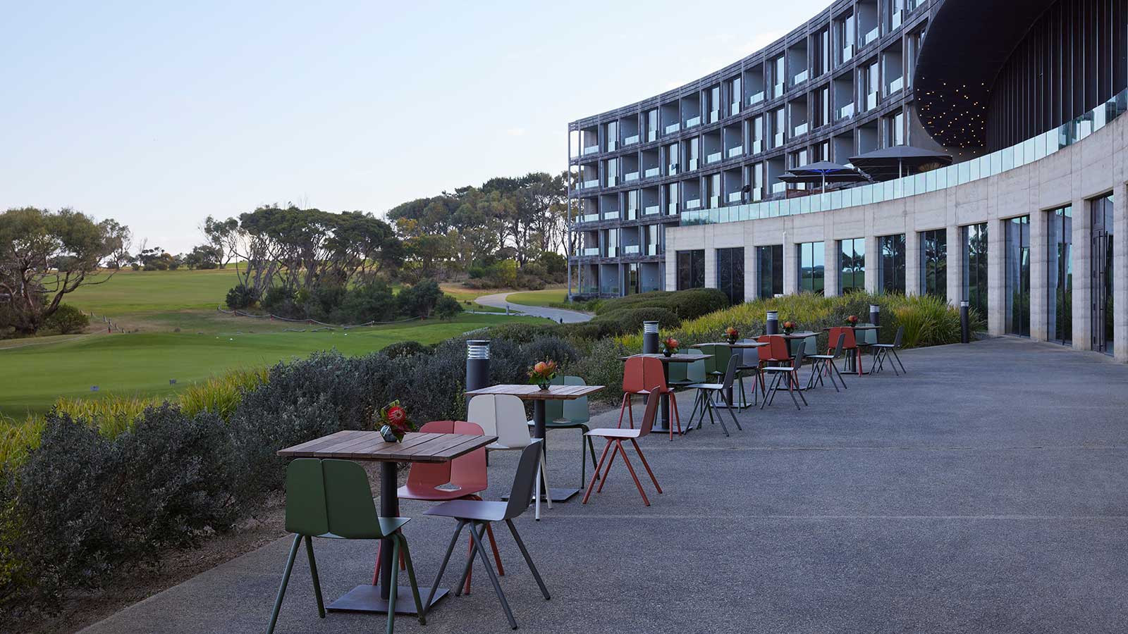 Tables and chairs set up outside RACV Torquay Resort.