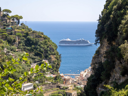 View of a cruise ship from the Amalfi Coast