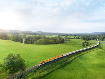 Train moving through a large green field