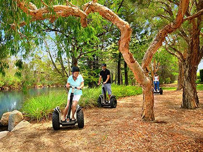 Three people riding segways near a river.