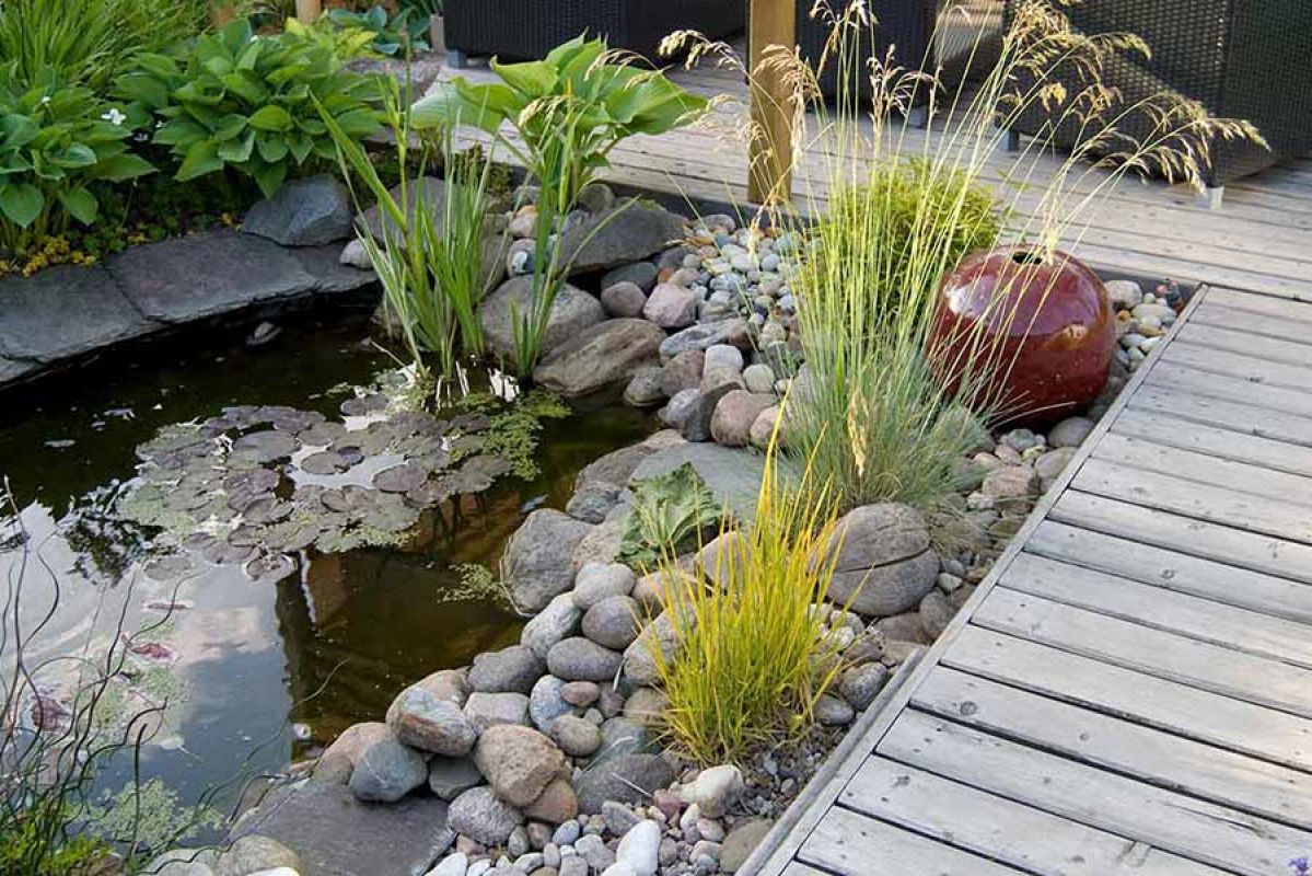 A small garden pond with smooth rocks and wooden walkway