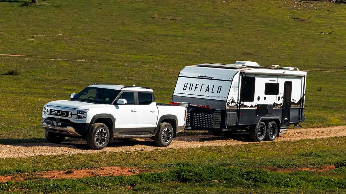 White BYD Shark 6 Performance ute towing caravan on country track.