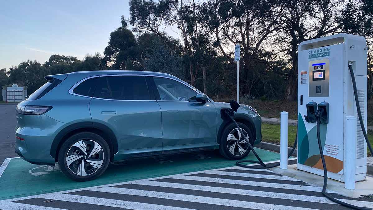 Geely EX5 SUV charging at public EV charging station in Meeniyan, Victoria