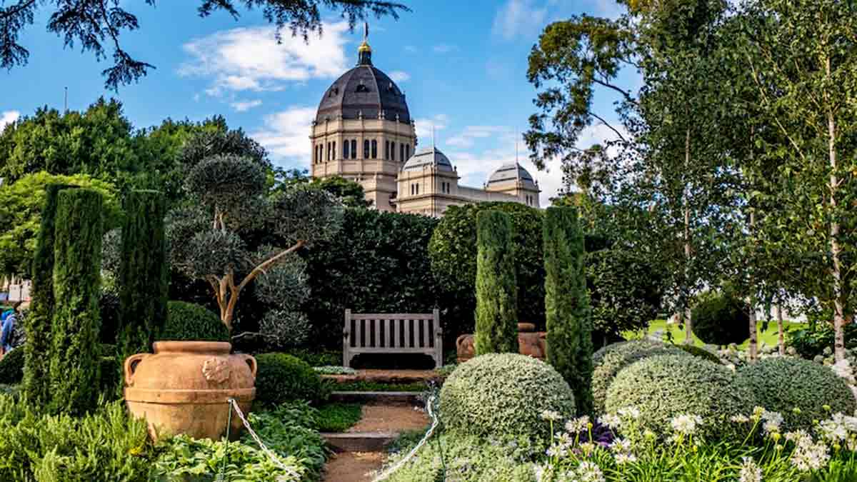 Melbourne garden show with Royal Exhibition Building in background