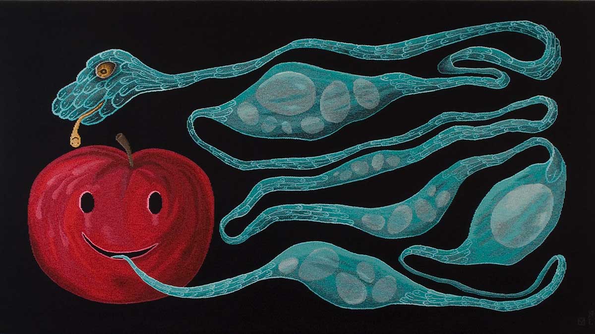 Tapestry of abstract artwork featuring an apple and snake