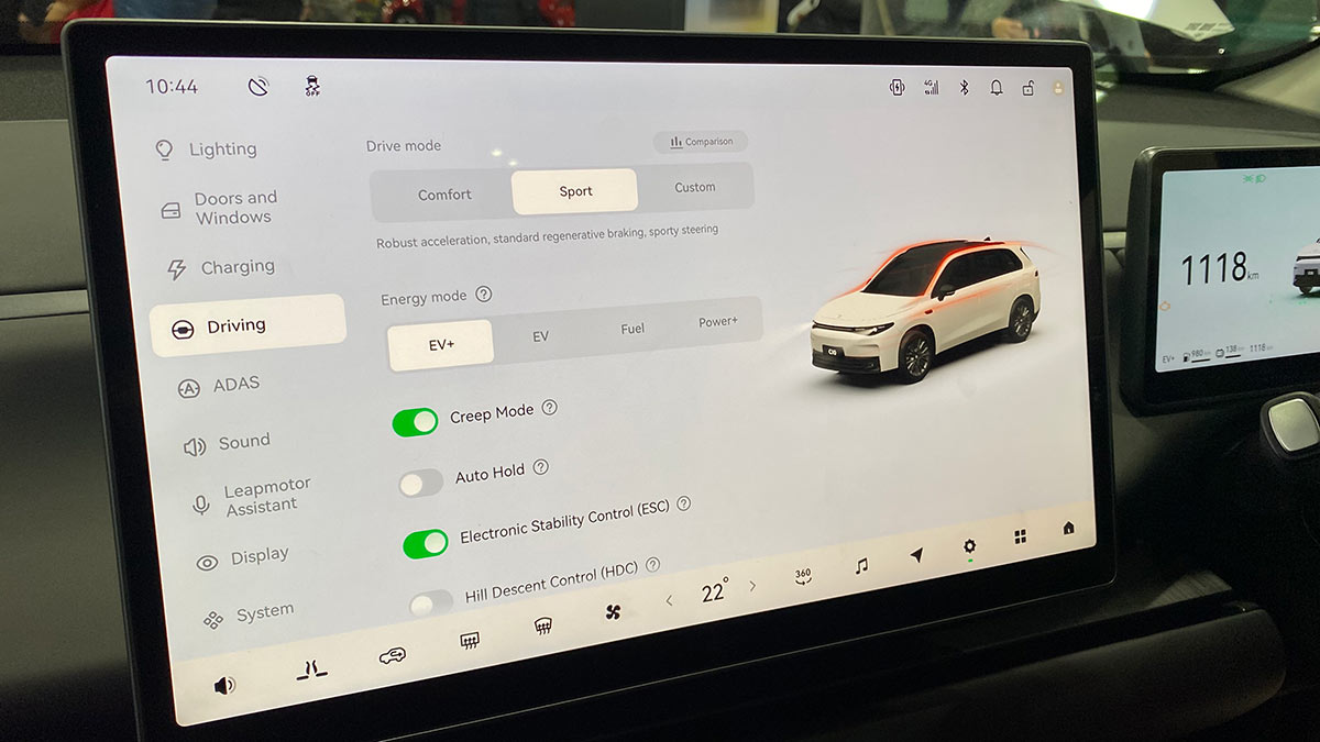 Large centre touchscreen of Leapmotor C10 REEV plug-in hybrid SUV with EV+ mode engaged.