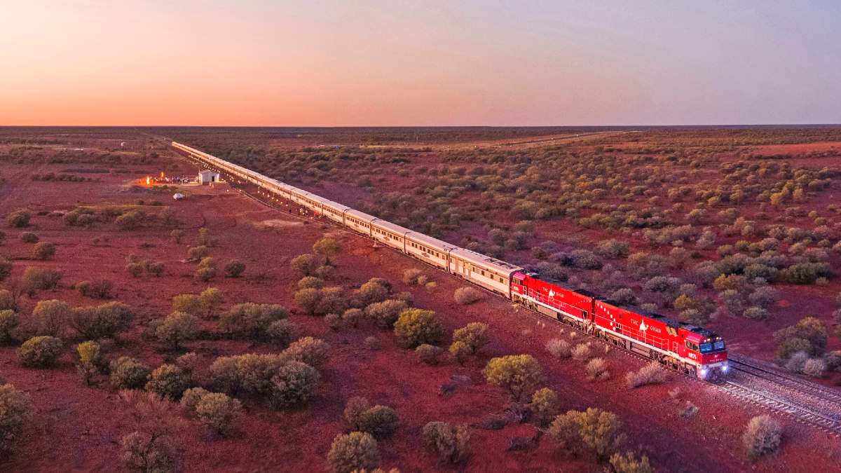 red train in Australian outback desert