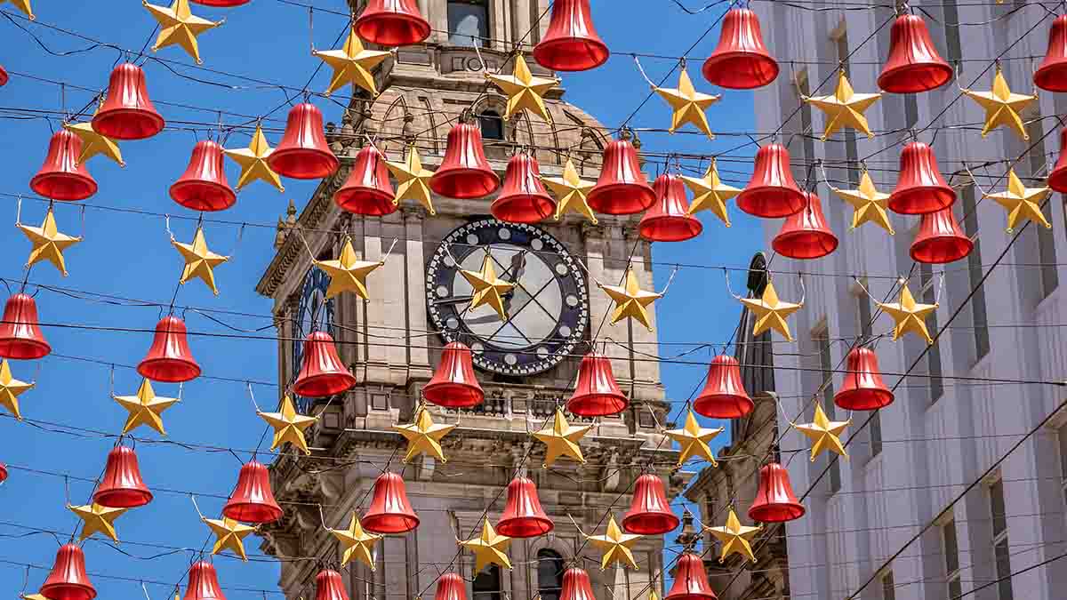 Hanging christmas decorations at Bourke St in Melbourne