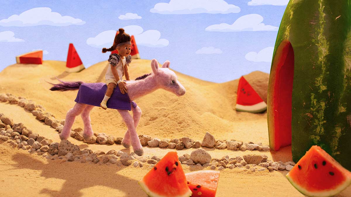 Animation of girl sitting on pink pony in movie Magic Beach
