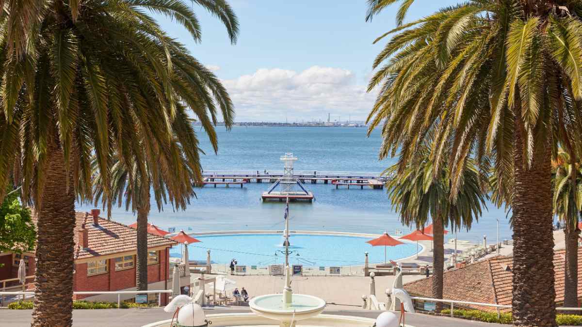 The Geelong foreshore, as seen looking down from the Spanish Steps and Eastern Beach Lookout