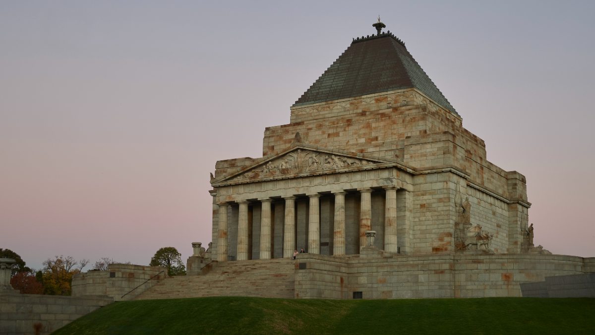 The Shrine of Remembrance, Melbourne, as seen at dusk. This free attraction reflects on the work and sacrifice of Australian servicemen and women