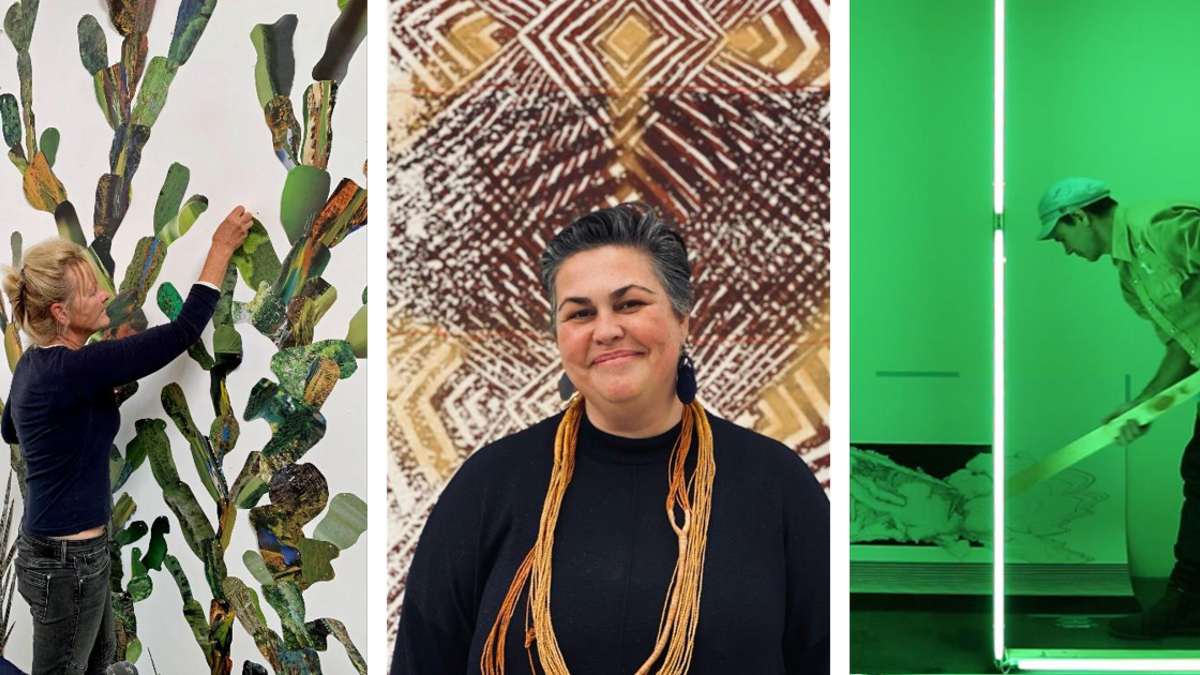 Headshots of artists Vera Möller, Lisa Waup and James Geurts in a composite image