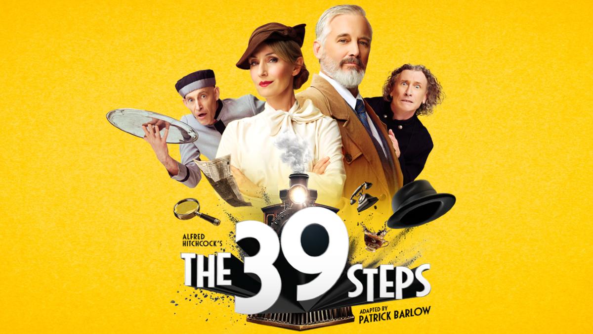yellow banner with four characters from the play The 39 Steps
