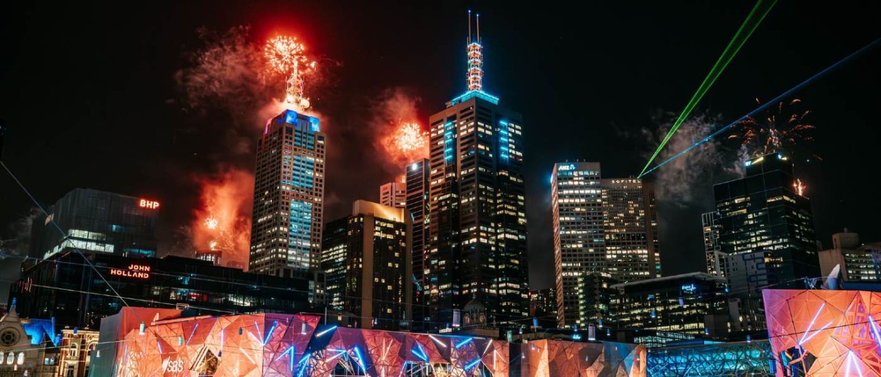 fireworks in Melbourne seen from Fed Square