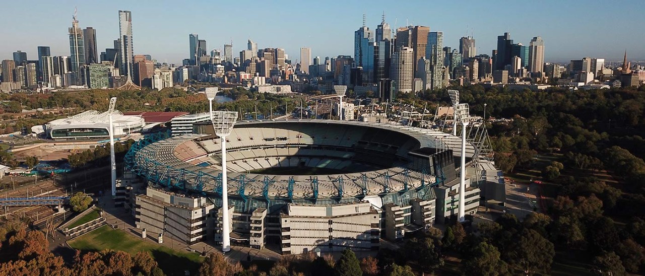 The MCG and Melbourne city skyline from above