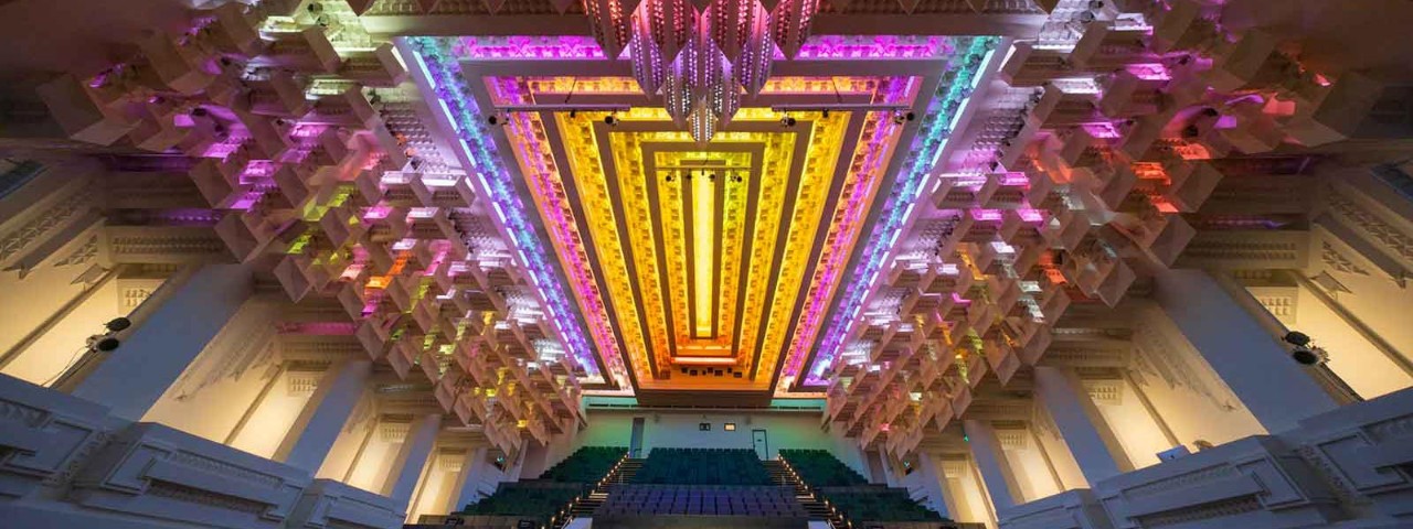 Inside Melbourne's Capitol Theatre: a colourful light display on the ceiling