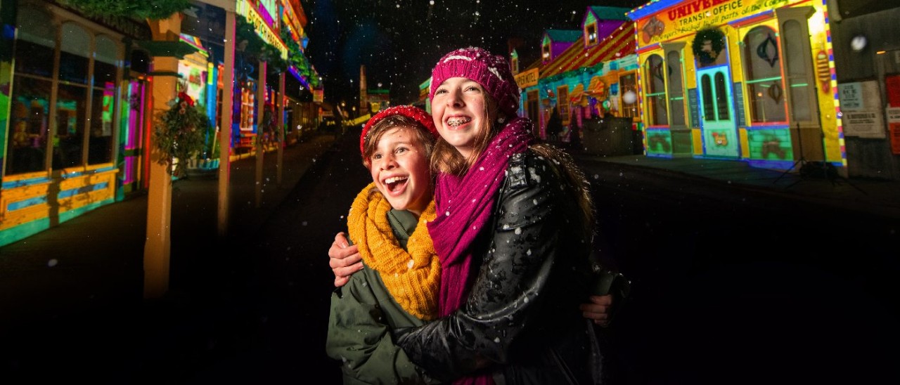 Sovereign Hill, Winter Wonderlights_Supplied two children hug each other during the Sovereign Hill Winter Wonderlights show