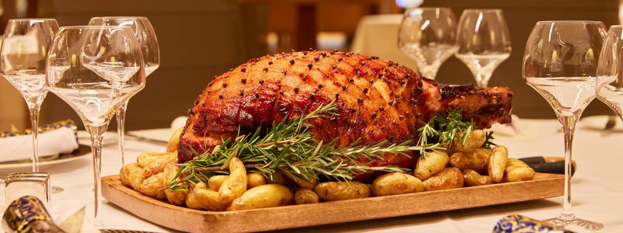 christmas ham on table
