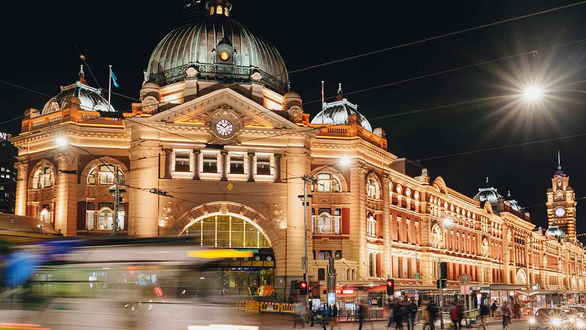 Flinders Street Station at night.