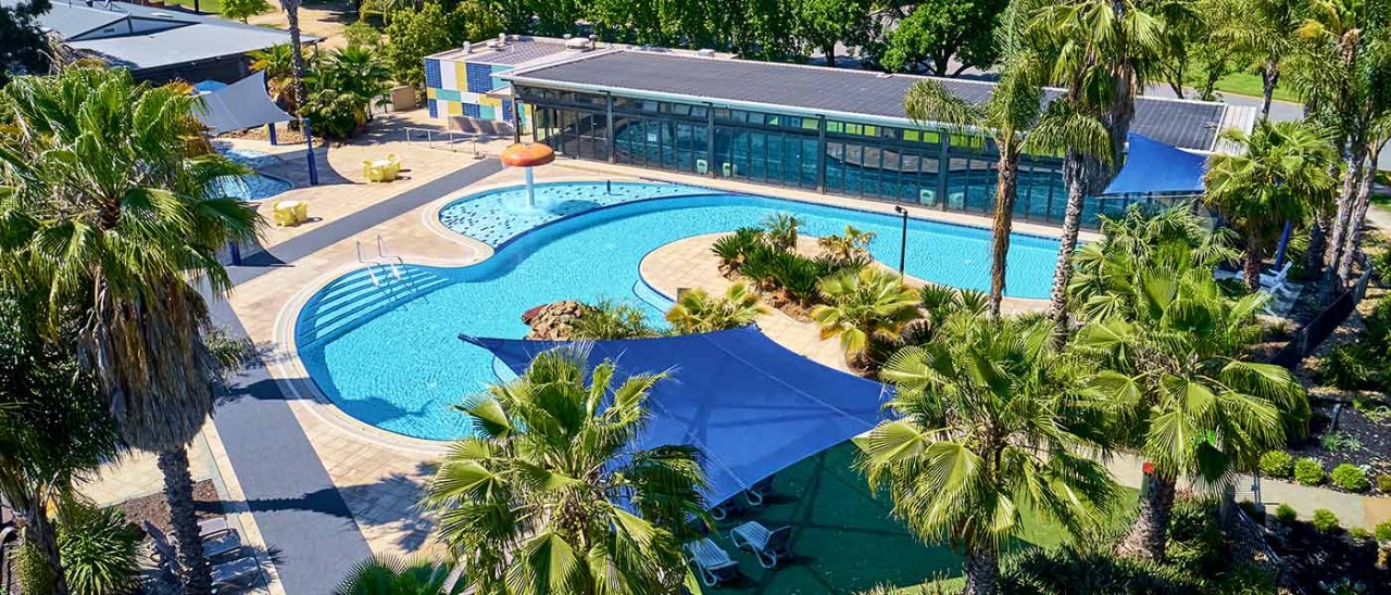 Aerial view of swimming pool and garden surrounds at RACV Cobram Resort in Victoria 