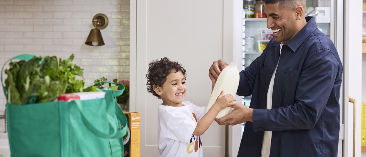 A man and child gleefully putting away a bag of groceries