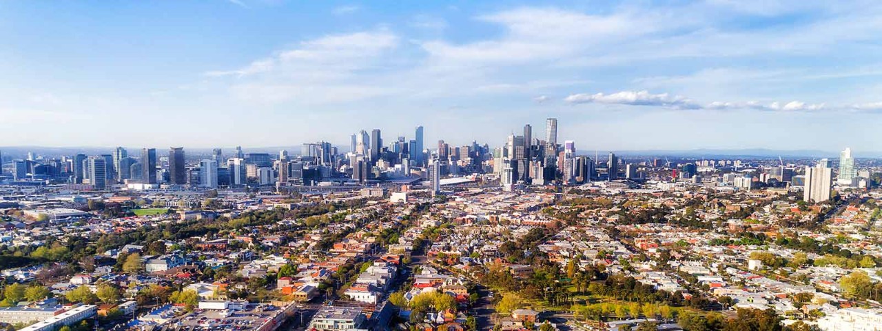 Wide angle view of Melbourne city from the sky.